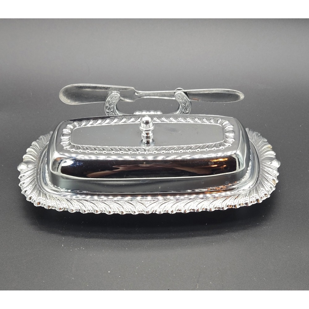 Vintage Irvinware Silver Tone Butter Dish with Glass Insert and Spreader Knife